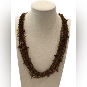 Boho Crochet Beaded Multi-Strand Necklace Brown Earth Tones Adjustable 20in Long